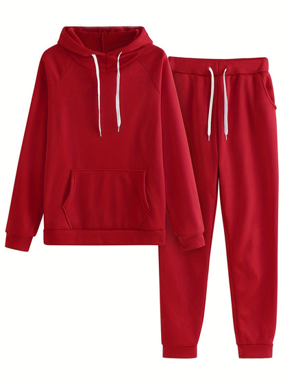 Trendy Solid Womens Two-Piece Set - Comfy Hoodie with Kangaroo Pockets & Drawstring Pants Outfit - Casual, Stylish, Versatile Wardrobe Essential