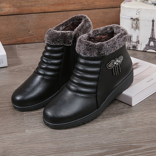 Women's Elegant Black Winter Snow Boots - Warm Fleece-Lined, Windproof Flat Ankle Boots with Non-Slip Rubber Sole, Decorative Bow Detail - Ideal for Outdoor Walks, Parties, and Camping, Soft Bottom, Snow Boots