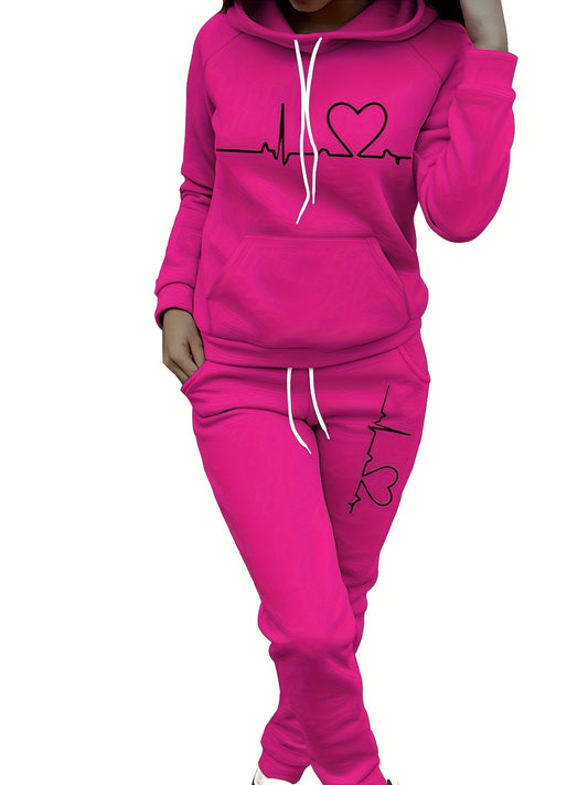 Women's Maroon Casual Fall/Winter Set - Heartbeat Print Hoodie with Kangaroo Pocket & Matching Joggers, Polyester-Spandex Blend, Machine Washable, Hoodie And Jogger Set